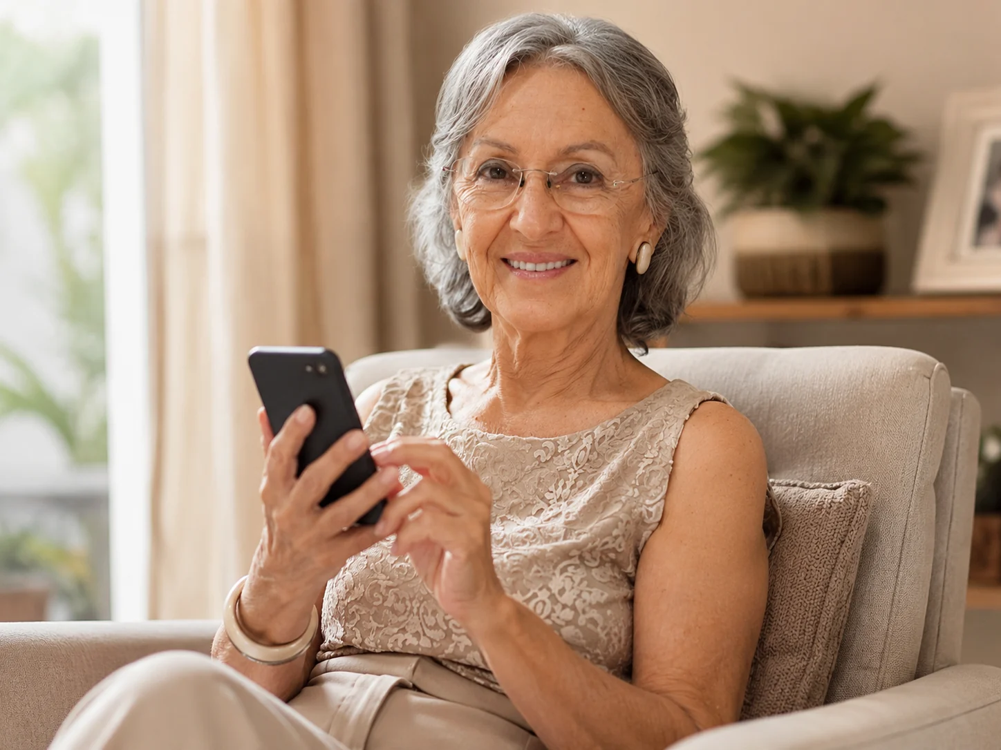 Senhora sorrindo enquanto usa o celular com confiança