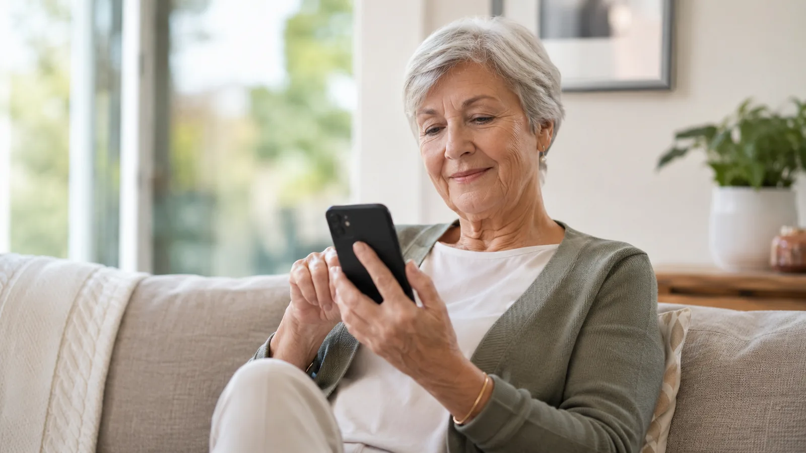 Mulher idosa usando o celular enquanto fala sua dúvida para o Avosi